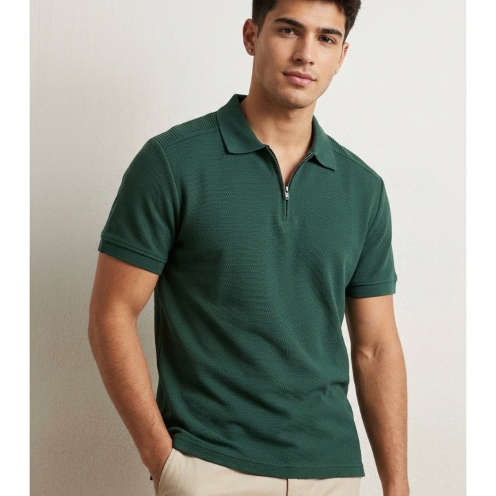 Zara Mens Quarter Zip Polo Shirt Forest Green Short Sleeve Cotton Pique Large